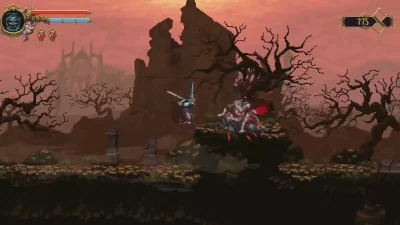 Screenshot from Blasphemous showing a heavy blow being dealt to an enemy