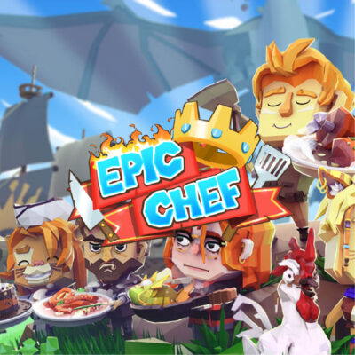 This image shows the cover art for Epic Chef with the games protagonist, Zest, in the middle and the games cast of other characters around him.
