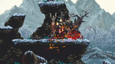 Screenshot taken from the Blasphemous game showing lots of bloodshed from a brutal attack