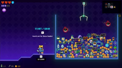 Screenshot from Neon Abyss showing one of the mini games you can play in the game. This game in particular is a claw machine where you can grab power-ups.