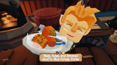 This image shows Epic Chef protagonist, Zest, with a dish he has made. The dish is a meat feast with smoked hoof in a blue forest puree.