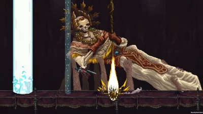 Screenshot from Blasphemous showing the character engaged in a battle with a boss