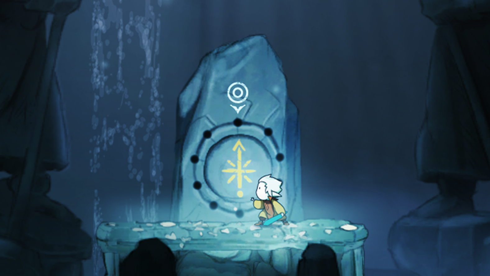 Screenshot from Greak: Memories of Azur with protagonist Greak about to solve a tricky puzzle with his powers