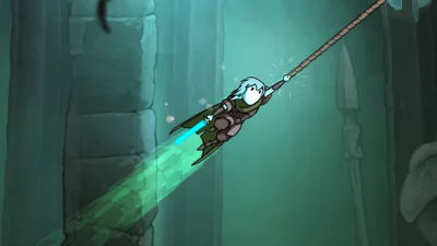 Screenshot from Greak: Memories of Azur showing Raydel holding onto a rope