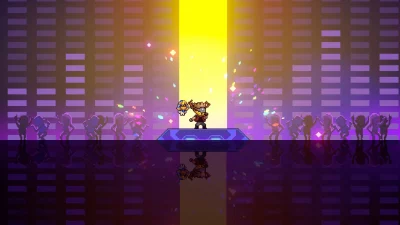 Screenshot from Neon Abyss which shows a playable character dancing as part of one of the mini games you can play in the game.