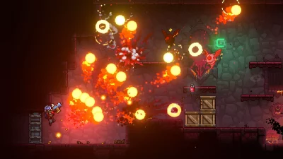 Screenshot from Neon Abyss which shows a playable character firing a weapon at some evil goons in a dungeon. His gun is firing in all directions.