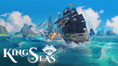 Promotional image for King of Seas featuring a pirate ship setting sail on the ocean.