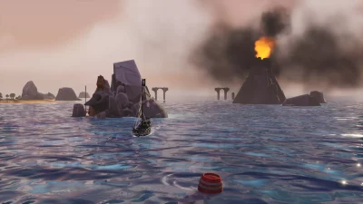 An image showing an erupting volcano and how the weather can affect your adventure in a King of Seas.