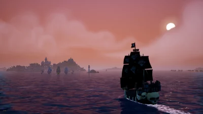 Screenshot from King of Seas showing a ship sailing at dusk with skies that are pink and red.