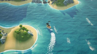 Screenshot from King of Seas showing a ship sailing round the beautiful islands.