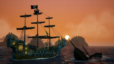 Screenshot from King of Seas showing a ship sailing across the seas at dusk.