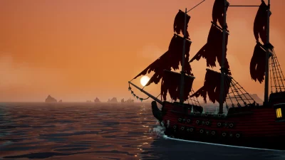 Screenshot from King of Seas showing a ship sailing at dusk.