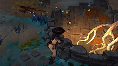 Screenshot from The Serpent Rogue showing the alchemist throwing coins into a well.