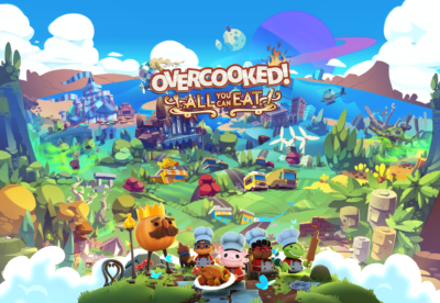 text says overcooked! all you can eat and features all chatracters including the chefs and the onion king.
