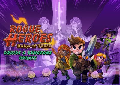 key art features rogue heroes characters, one is holding a sword. the background is a striking purple colour, and the text reads rogue heroes: ruins of tasos druids and dungeons update.