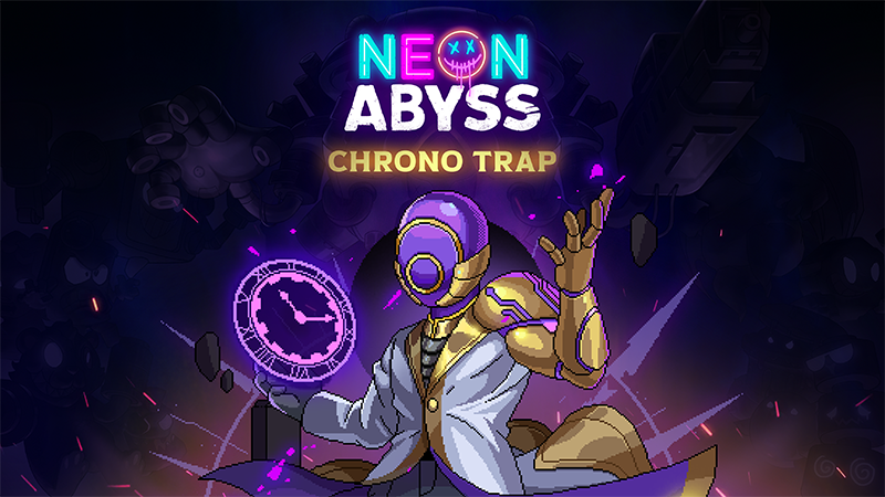 pictured is the titan chronos from the chrono trap dlc for neon abyss. it wields a clock like weapon and is surrounded by purple effects.