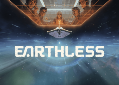 A spaceship crew look down through a battlegrid at a ship floating in space. The word 'Earthless' sits below the ship.
